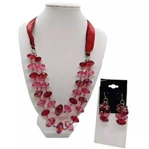 Necklace And Earring Set Red Pink Beaded Double Strand Dangle Cluster Earrings